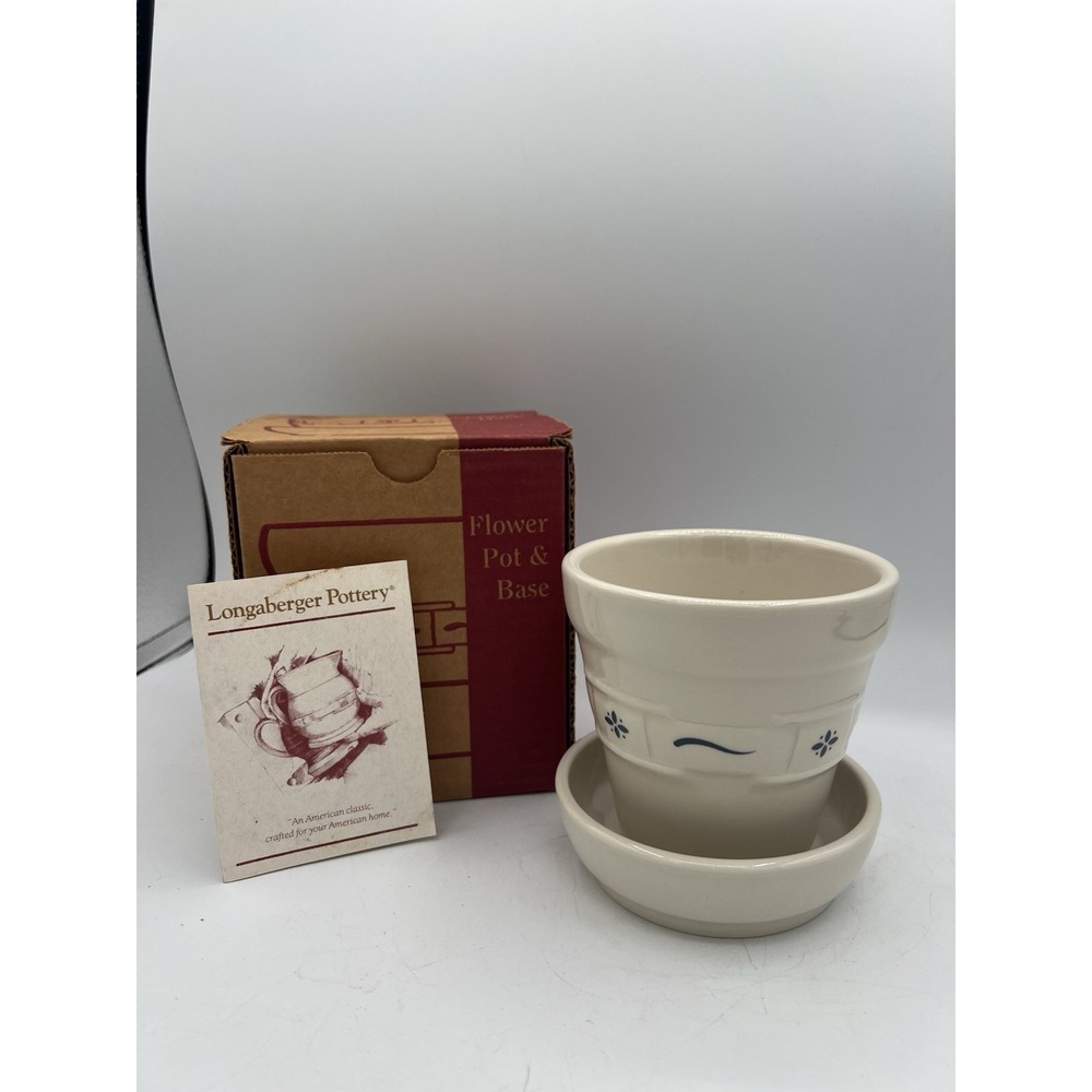 💙Longaberger Woven Traditions Blue Flower Pot & Base #31135-Classic Pottery USA